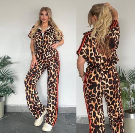 Kadın Dalgıç Kumaş Dijital Leopar Baskılı şerit Detaylı Takım - ANGELINO BuyukBedeniz