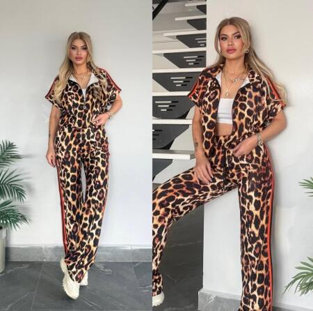 Kadın Dalgıç Kumaş Dijital Leopar Baskılı şerit Detaylı Takım - ANGELINO BuyukBedeniz (1)
