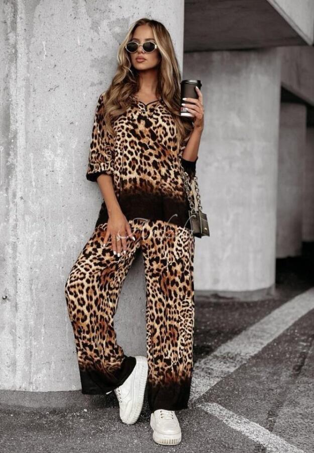 Kadın Dalgıç Kumaş Leopar Desenli Fermuar Detaylı Ikili Tamım - 3
