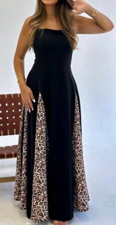 Kadın Dalgıç Kumaş Leopar Desenli Kloş Elbise - 2