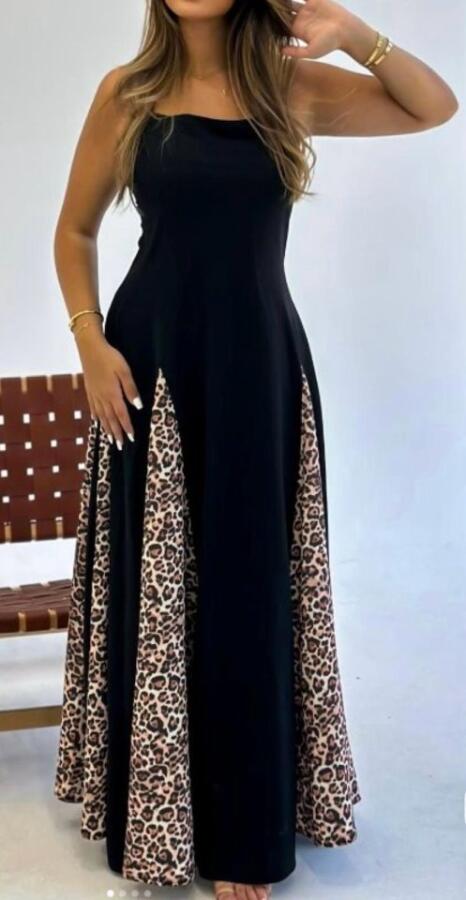 Kadın Dalgıç Kumaş Leopar Desenli Kloş Elbise - 2