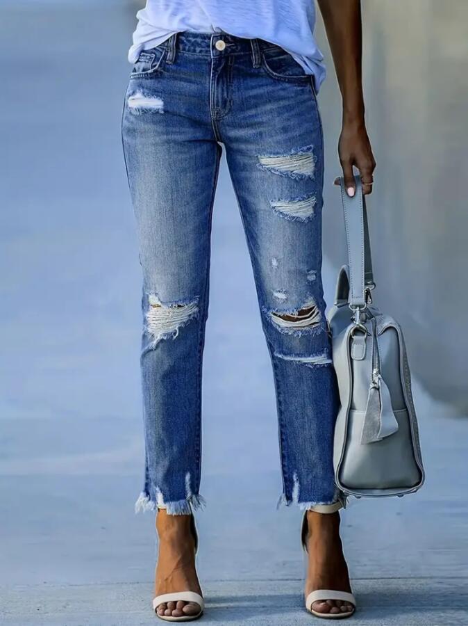 Kadın Dar Kesim Cepli önden Yırtık Desenli Denim Pantolon - 1