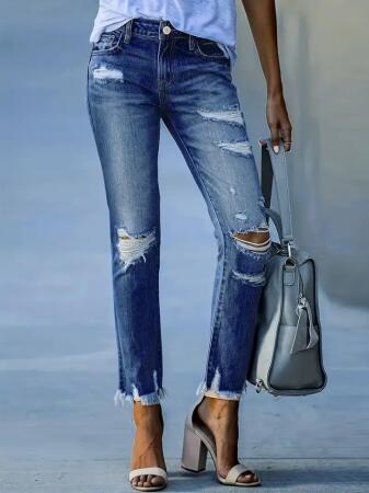 Kadın Dar Kesim Cepli önden Yırtık Desenli Denim Pantolon - 2