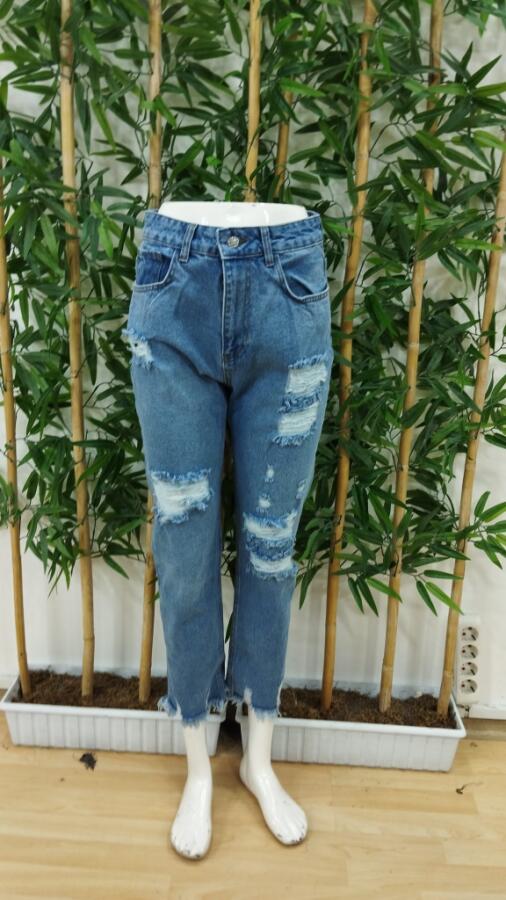 Kadın Dar Kesim Cepli önden Yırtık Desenli Denim Pantolon - 5