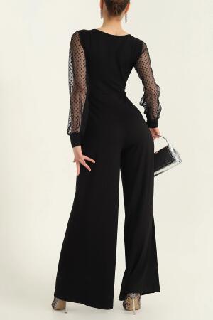 Kadın Derin V Yaka Kolları Puantiyeli Tül Detay Ispanyol Paça Tulum - ANGELINO BuyukBedeniz (1)