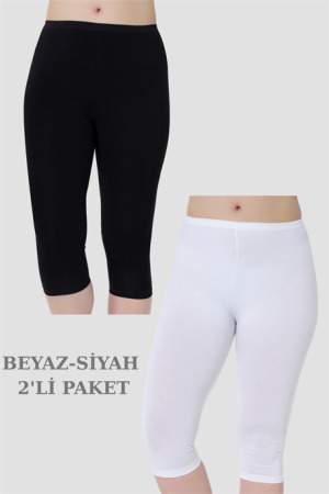 Kadın Diz Altı Kapri Boy Penye Tayt Beyaz - Siyah 2'li Paket - 1