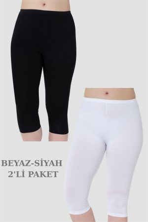 Kadın Diz Altı Kapri Boy Penye Tayt Beyaz - Siyah 2'li Paket - 1