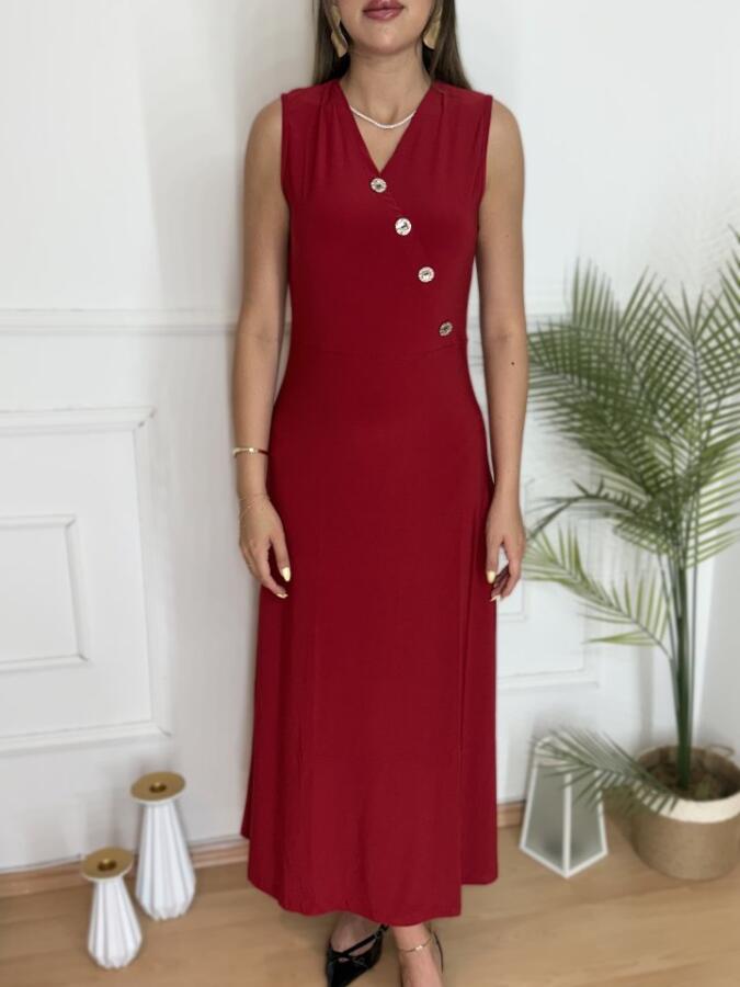 Kadın Düğme Detay Kolsuz Maxi Boy Elbise - 1