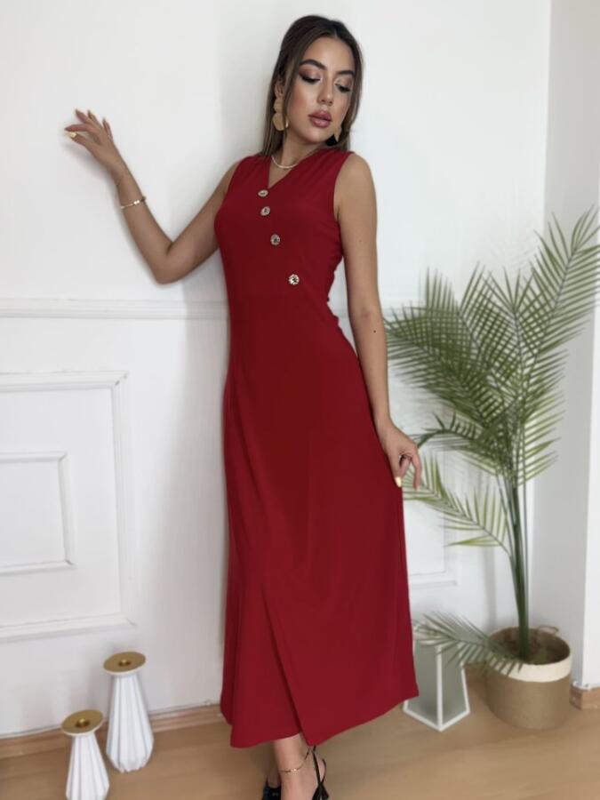 Kadın Düğme Detay Kolsuz Maxi Boy Elbise - 4