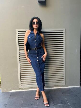 Kadın Düğme Detaylı Belden Kemerli Sırt Dekolte Kot Elbise - ANGELINO BuyukBedeniz