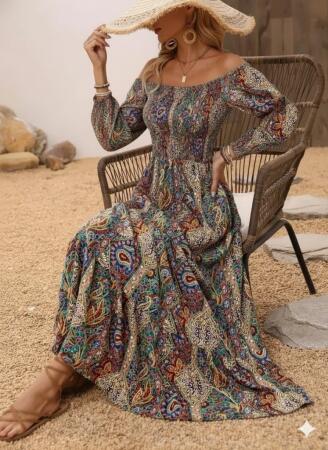 Kadın Düşük Omuzlu Beli Büzgülü Dijital Desenli Kesik Elyaf Süprem Uzun Elbise - ANGELINO BuyukBedeniz