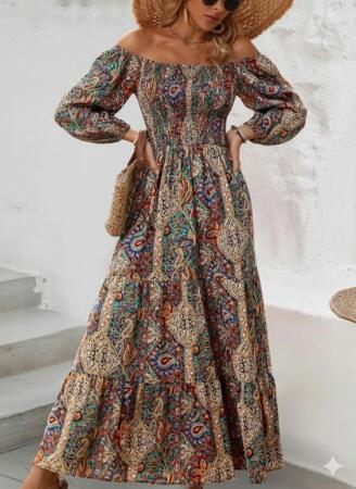 Kadın Düşük Omuzlu Beli Büzgülü Dijital Desenli Kesik Elyaf Süprem Uzun Elbise - ANGELINO BuyukBedeniz (1)