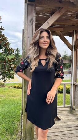 Kadın Fakir Kol Bisiklet Yaka çiçek Desen Sandy Salaş Kısa Elbise - 1