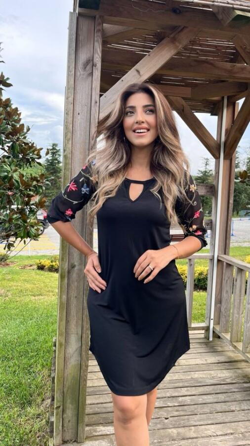 Kadın Fakir Kol Bisiklet Yaka çiçek Desen Sandy Salaş Kısa Elbise - 2