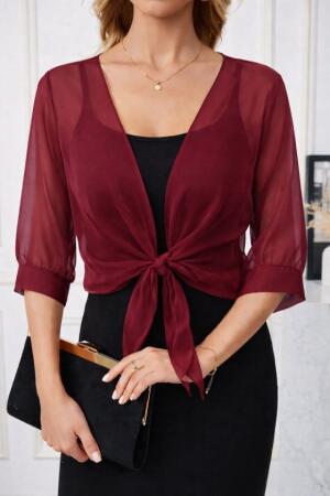 Kadın Fakir Kollu önden Bağlamalı Kısa şifon Bolero Ceket - 3