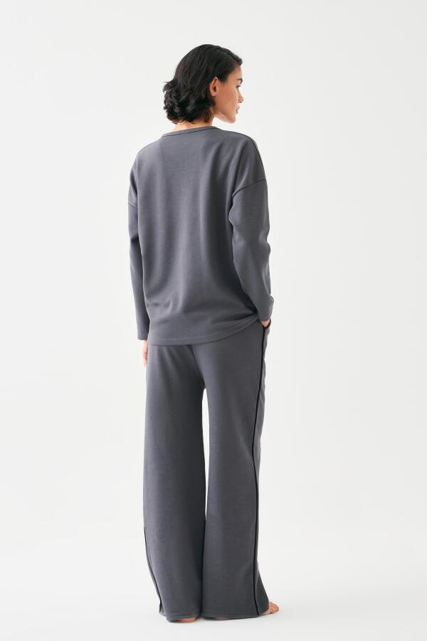 Kadın Füme Balık Burcu Oversize 2 İplik Eşofman Ev Giyim Takımı - 5