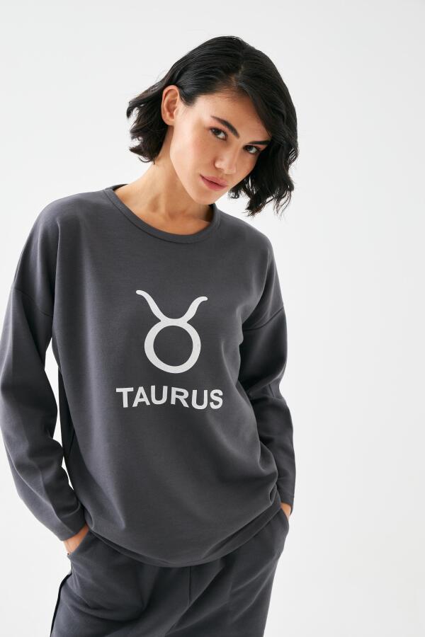 Akbeniz Kadın Füme Boğa Burcu Oversize 2 İplik Eşofman Ev Giyim Takımı - 5