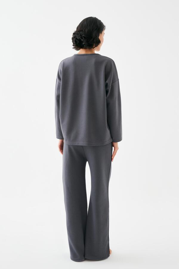 Akbeniz Kadın Füme Boğa Burcu Oversize 2 İplik Eşofman Ev Giyim Takımı - 6