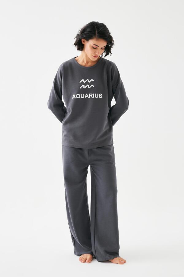 Kadın Füme Kova Burcu Oversize 2 İplik Eşofman Ev Giyim Takımı - 4