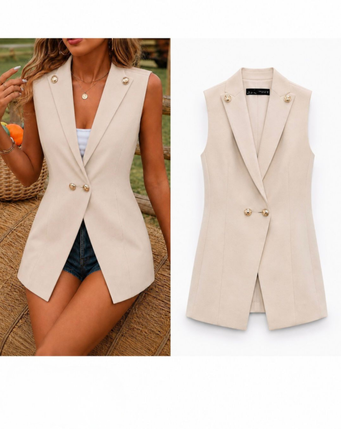 Kadın Gold Düğmeli Blazer Yaka Ceket - 1