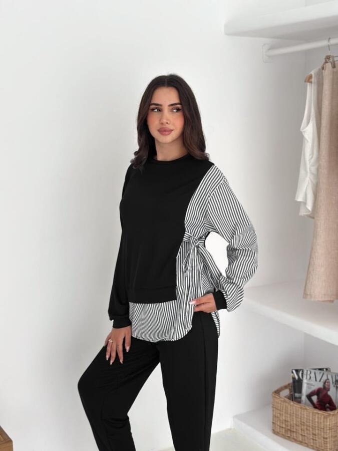 Kadın Gömlek çizgili Yandan Bağlamalı Ikili Takım - 1