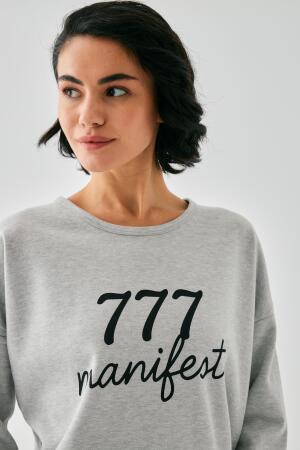 Kadın Gri 777 Manifest Oversize 2 İplik Eşofman Ev Giyim Takımı - 3