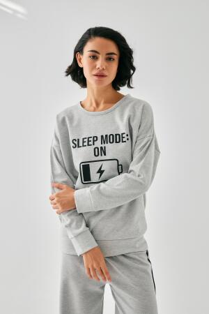 Kadın Gri Sleep Mode ON Oversize 2 İplik Eşofman Ev Giyim Takımı - 4