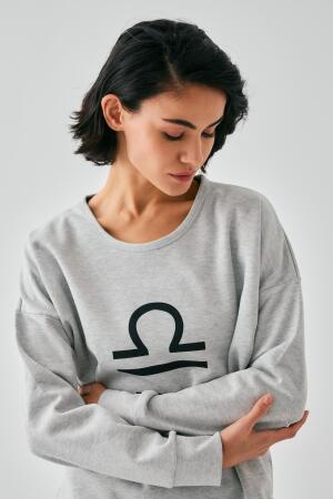 Kadın Gri Terazi Burcu Oversize 2 İplik Eşofman Ev Giyim Takımı - 3