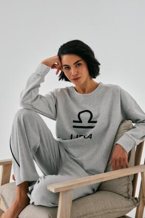 Kadın Gri Terazi Burcu Oversize 2 İplik Eşofman Ev Giyim Takımı - 4