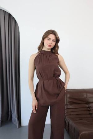 Kadın Halter Yaka Beli Kuşak Detaylı Ikili Takım - ANGELINO BuyukBedeniz