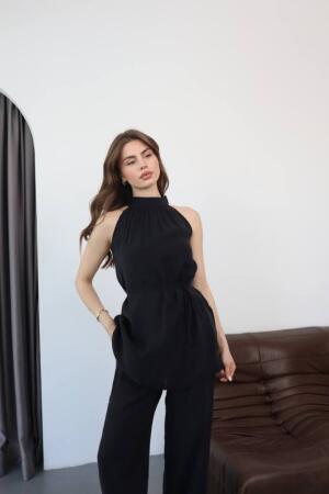Kadın Halter Yaka Beli Kuşak Detaylı Ikili Takım - ANGELINO BuyukBedeniz