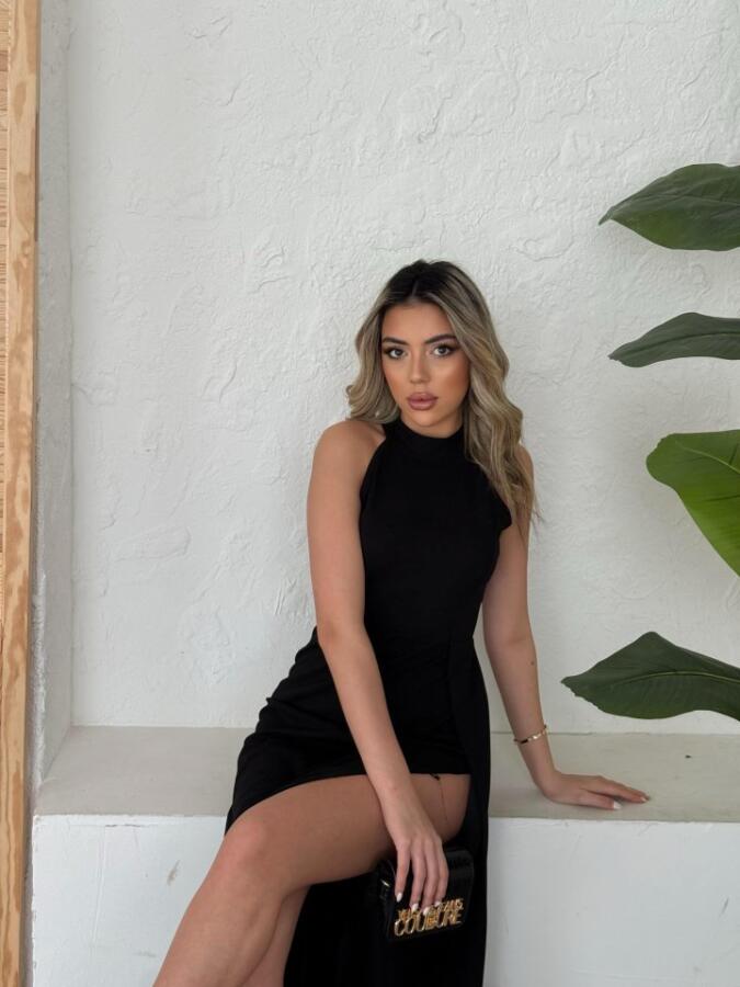 Kadın Halter Yaka Derin Yırtmaç Detaylı Tam Boy Ithal Krep Abiye Elbise - 5