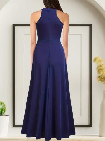 Kadın Halter Yaka Derin Yırtmaç Detaylı Tam Boy Janjan Krep Abiye Elbise - ANGELINO BuyukBedeniz (1)