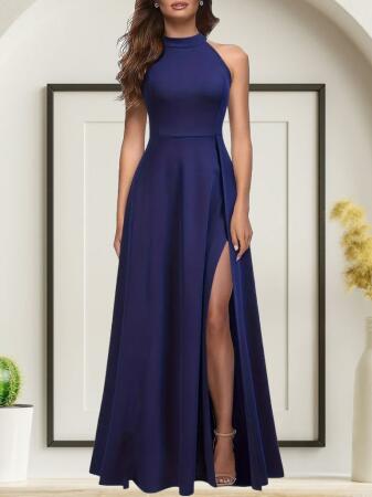 Kadın Halter Yaka Derin Yırtmaç Detaylı Tam Boy Janjan Krep Abiye Elbise - ANGELINO BuyukBedeniz