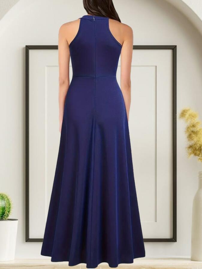 Kadın Halter Yaka Derin Yırtmaç Detaylı Tam Boy Janjan Krep Abiye Elbise - 2