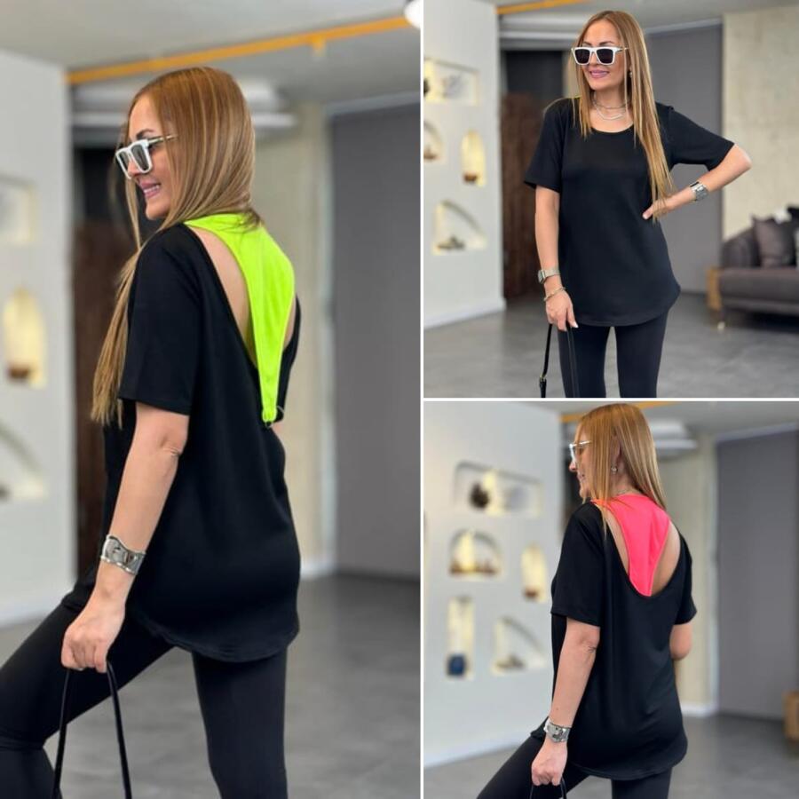 Kadın İki İplik Kumaş Sırt Neon Detay Bluz - 4