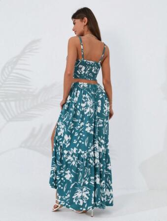 Kadın Ince Askılı çiçek Baskı Desenli Crop Yırtmaçlı Etek Ikili Süprem Takım - 6