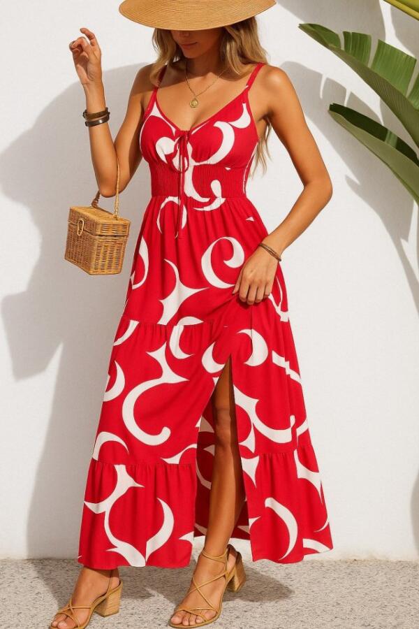 Kadın Ip Askılı Dekolteli Bağcıklı Yırtmaçlı Desenli Süprem Elbise - 1