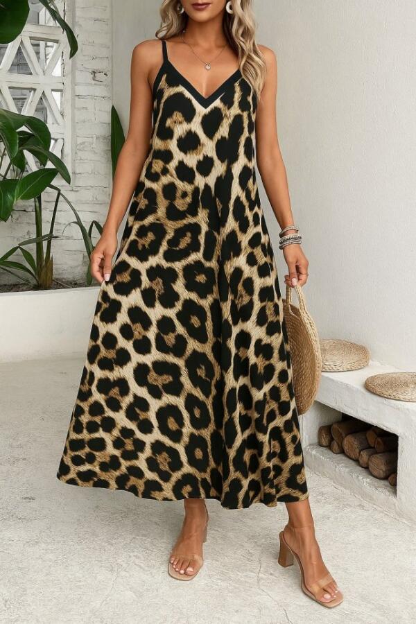 Kadın Ip Askılı Geniş V Yakalı Leopar Desenli Süprem Elbise - 1