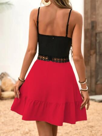 Kadın Ip Askılı Kruvaze Yaka Bel Dantel Ithal Krep Elbise - 4