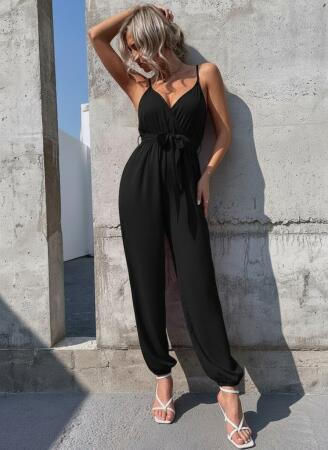 Kadın Ip Askılı Kruvaze Yakalı Belden Kuşaklı Uzun Sandy Tulum - ANGELINO BuyukBedeniz