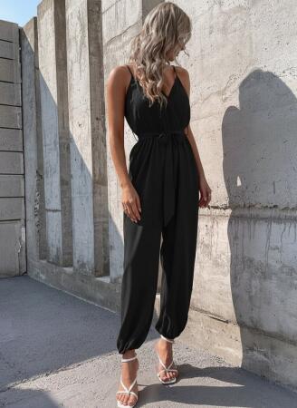 Kadın Ip Askılı Kruvaze Yakalı Belden Kuşaklı Uzun Sandy Tulum - 4