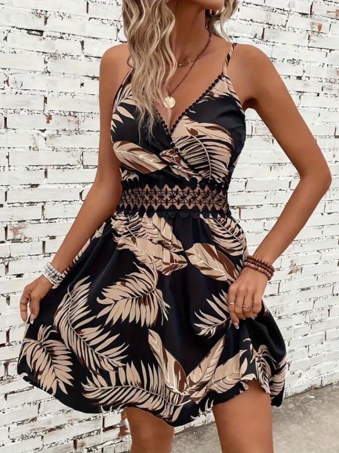 Kadın Ip Askılı Kruvaze Yakalı Desenli Mini Süprem Mini Elbise - 2