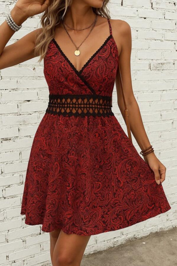 Kadın Ip Askılı Kruvaze Yakalı Desenli Mini Süprem Mini Elbise - 2