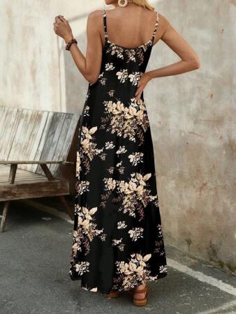 Kadın Ip Askılı V Yakalı çiçek Desenli Süprem Elbise - ANGELINO BuyukBedeniz (1)