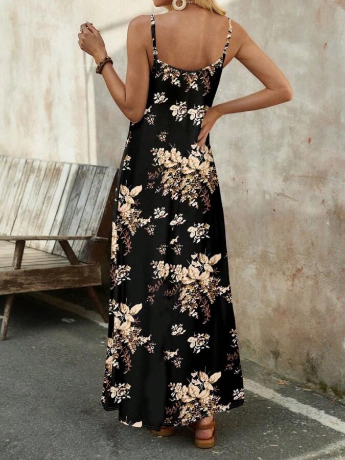 Kadın Ip Askılı V Yakalı çiçek Desenli Süprem Elbise - 2