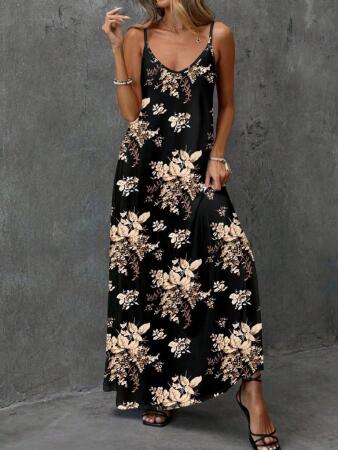 Kadın Ip Askılı V Yakalı çiçek Desenli Süprem Elbise - 4