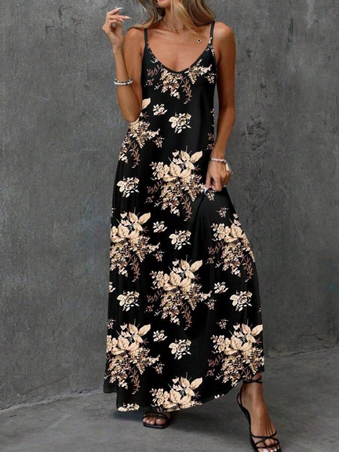 Kadın Ip Askılı V Yakalı çiçek Desenli Süprem Elbise - 4