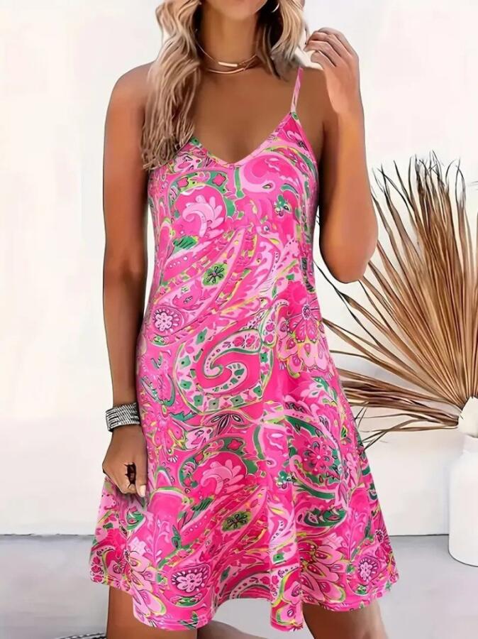 Kadın Ip Askılı V Yakalı Desenli Kısa Süprem Mini Elbise - 1