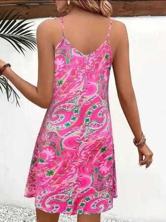 Kadın Ip Askılı V Yakalı Desenli Kısa Süprem Mini Elbise - ANGELINO BuyukBedeniz (1)